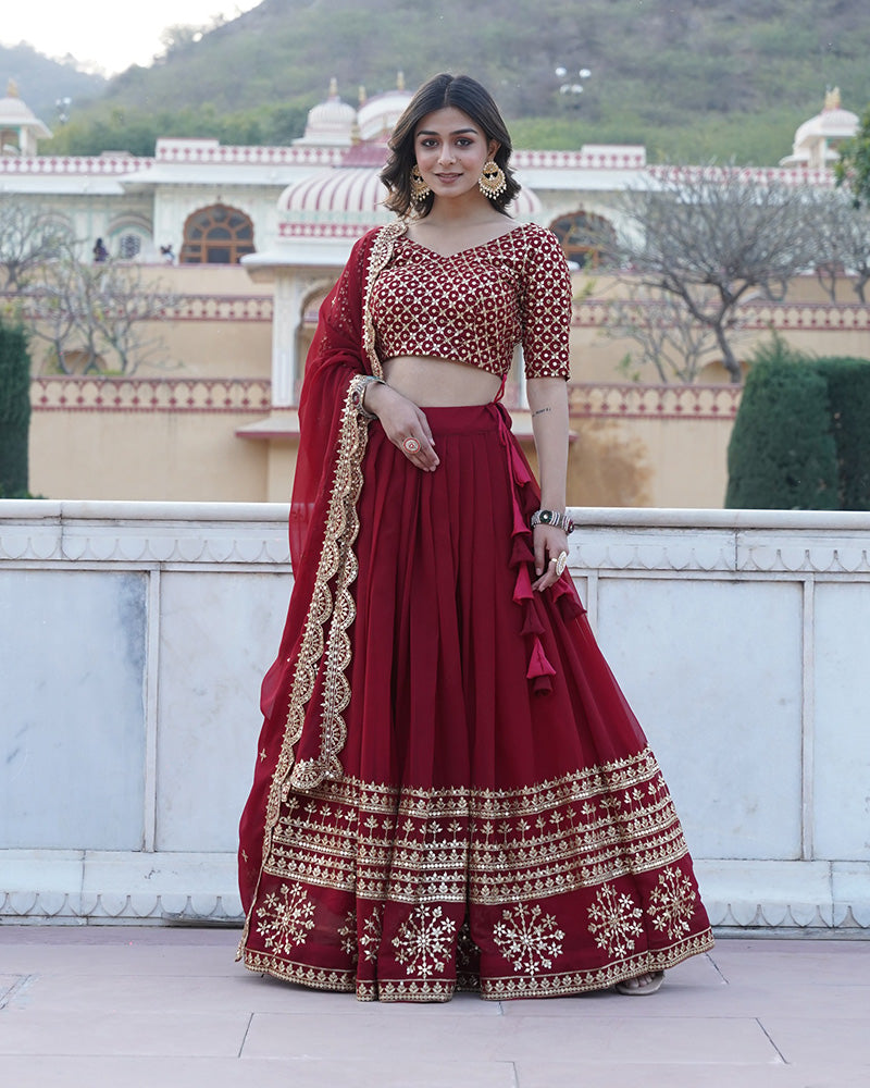 New Design Maroon Color Georgette Lehenga Choli With Beautiful Dupatta