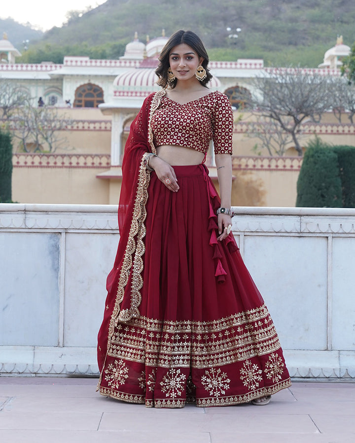 New Design Maroon Color Georgette Lehenga Choli With Beautiful Dupatta