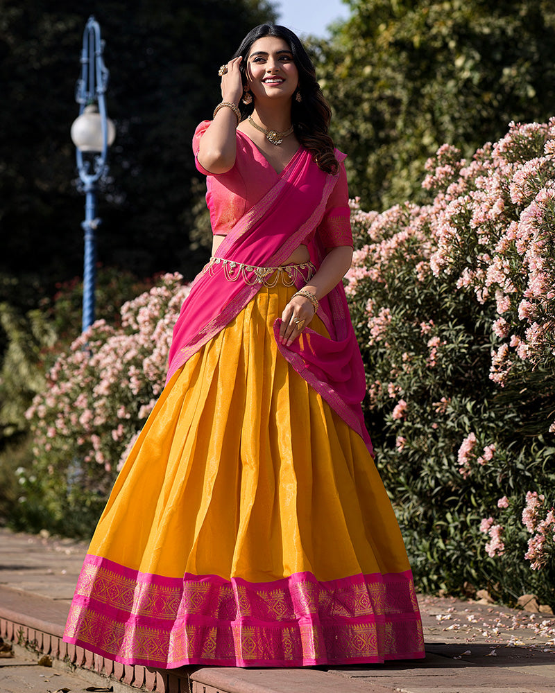 Mustard Color Kanchipuram Silk Designer Half Saree