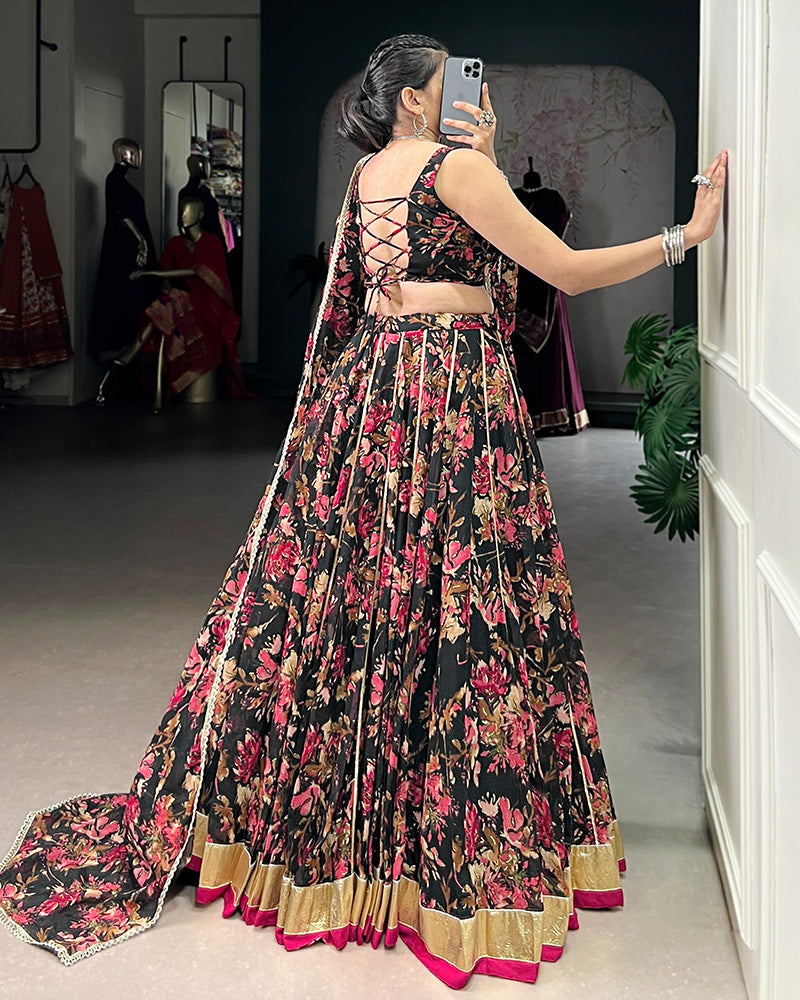 Black Color Chiffon Floral And Foil Printed Lehenga Choli