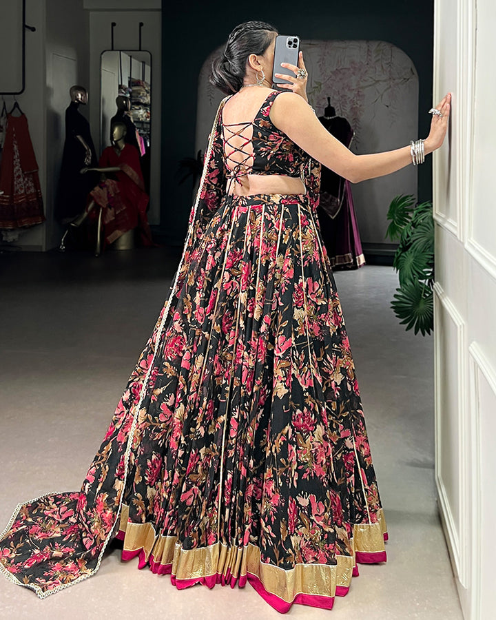 Black Color Chiffon Floral And Foil Printed Lehenga Choli