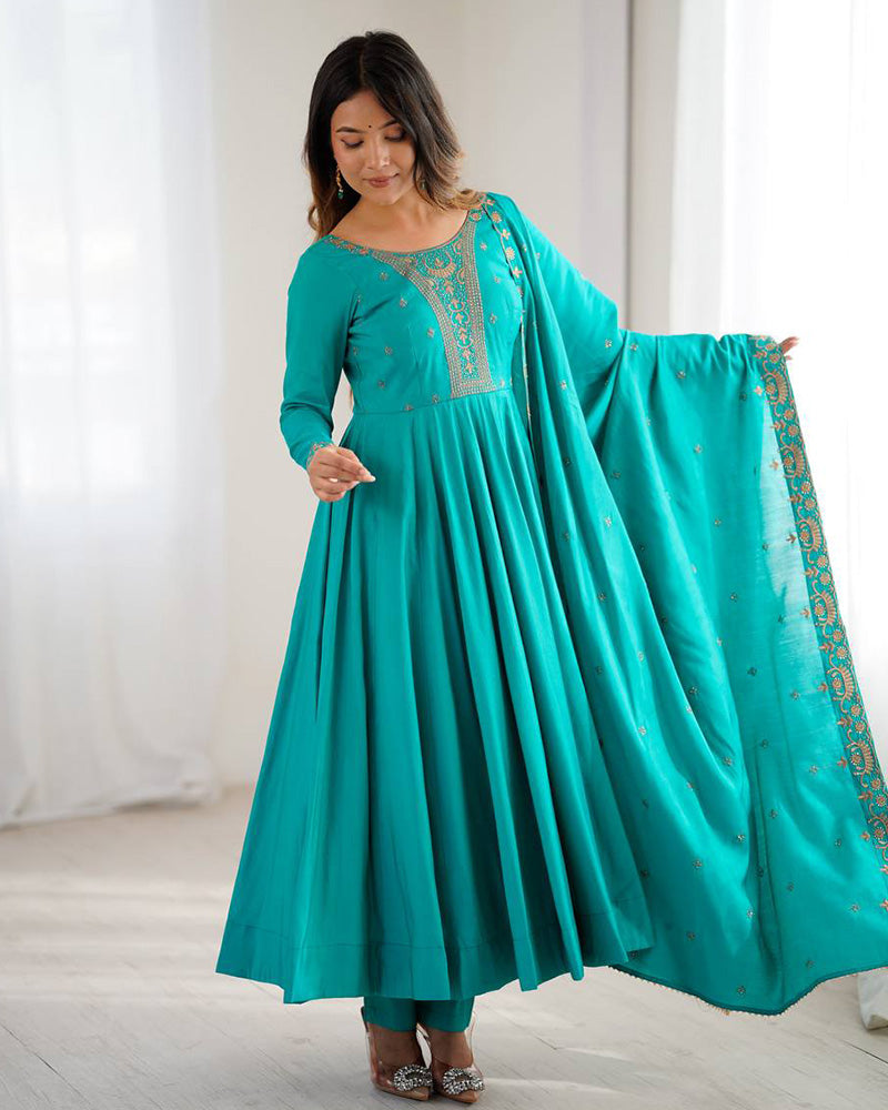 Rama Color Pure Chanderi Silk Three Piece Anarkali Suit