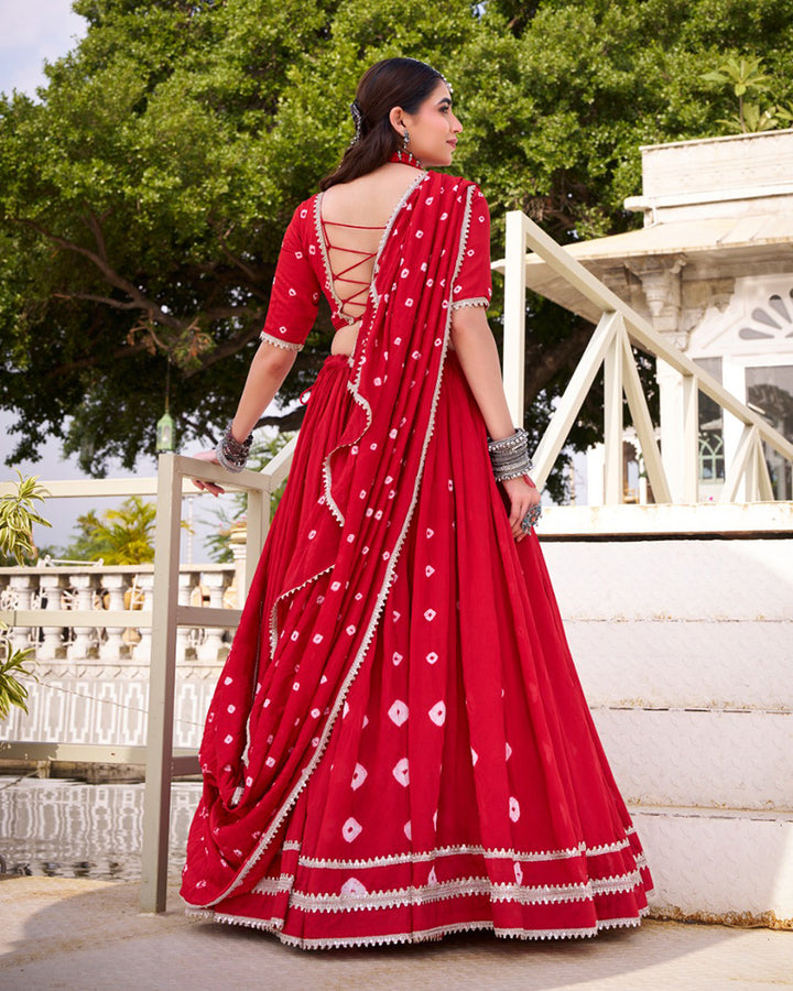 Red Color Pure Chanderi Bandhej Print Lehenga Choli