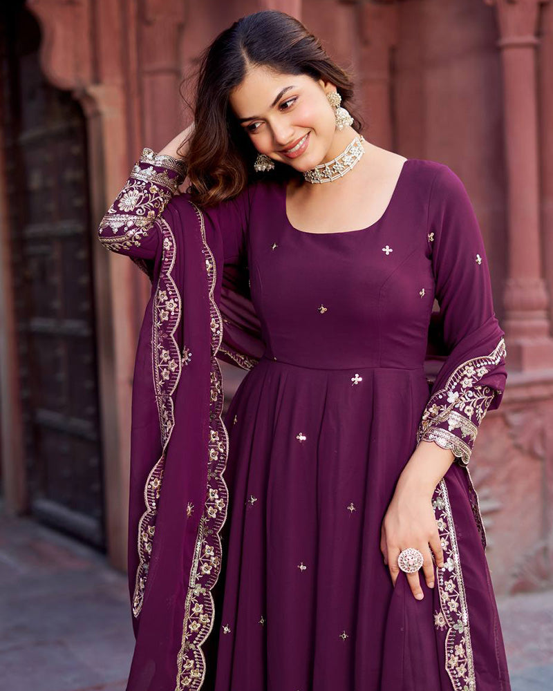 Ethnic Wine Color Georgette Sequence Embroidered Gown