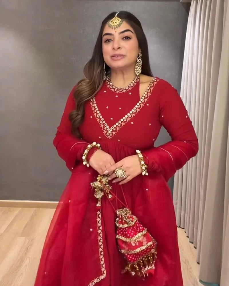 Red Color Chinon Silk Embroidered Plazzo Suit