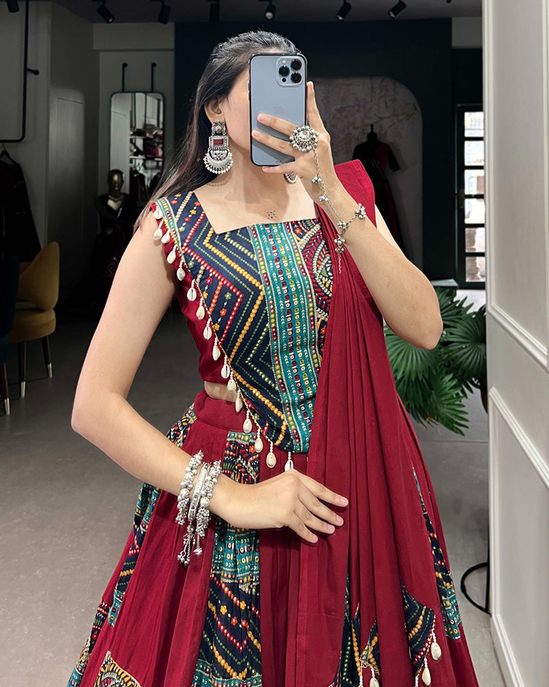 Maroon Color Cotton Print And Foil Work Navratri Lehenga Choli