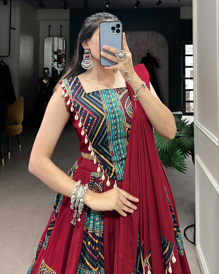 Maroon Color Cotton Print And Foil Work Navratri Lehenga Choli