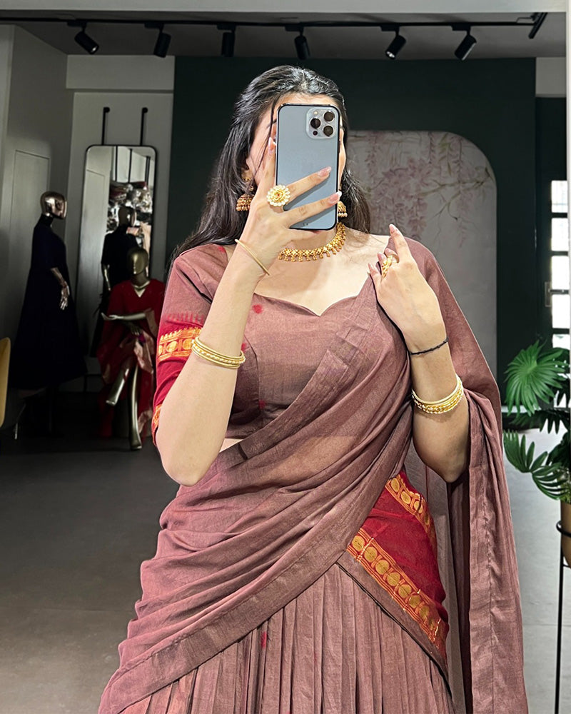 Traditional Brown Color Chanderi Half Saree With Zari Detailing