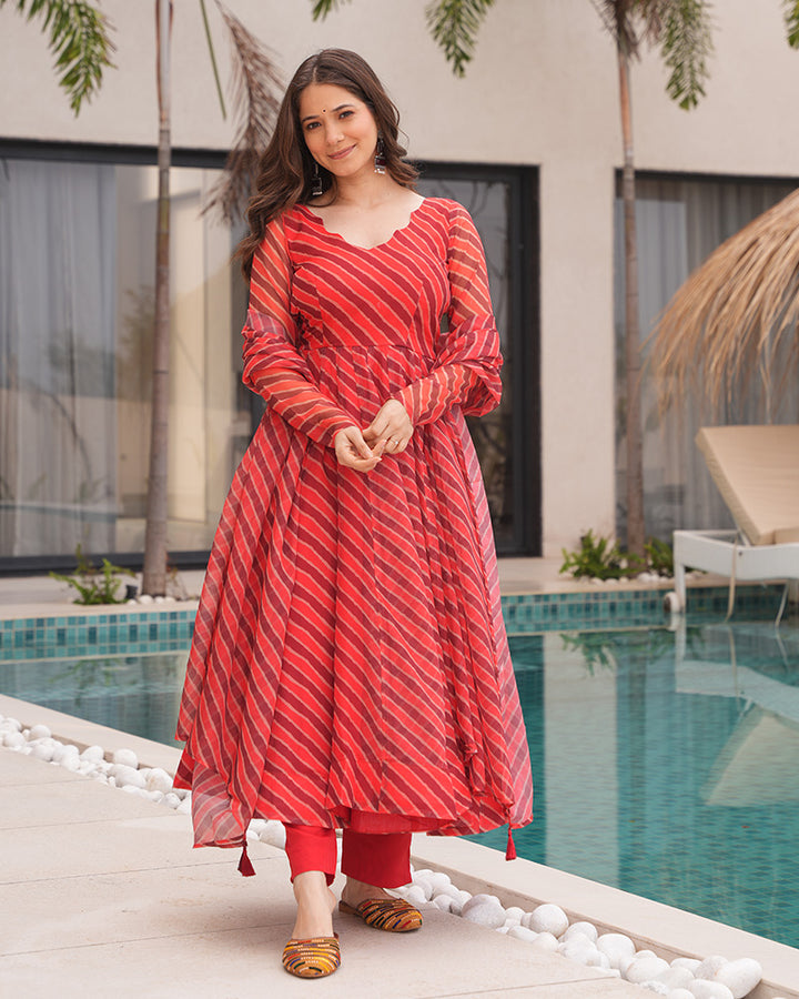Orange And Brown Color Tabby Organza Three Piece Anarkali Suit