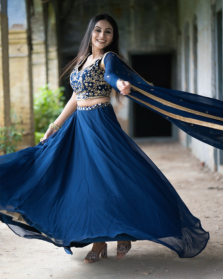 Navy Blue Color Sequence Embroidery Georgette Lehenga Choli