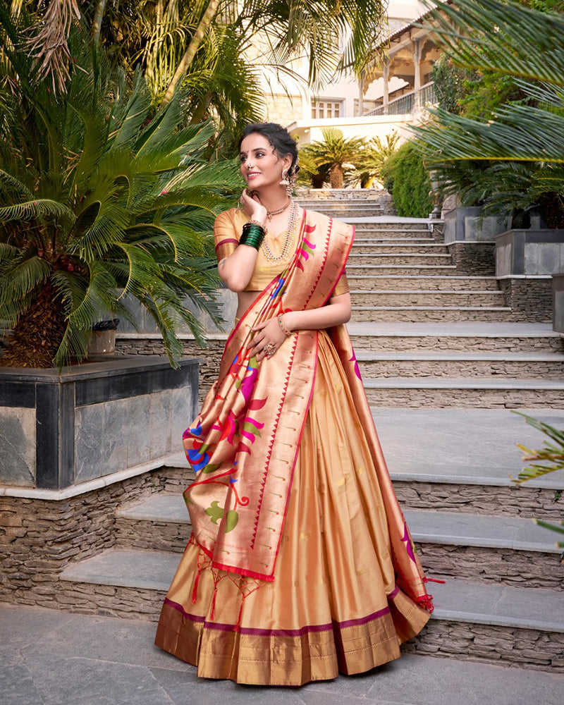Designer Chikoo Color Jacquard Silk Lehenga Choli