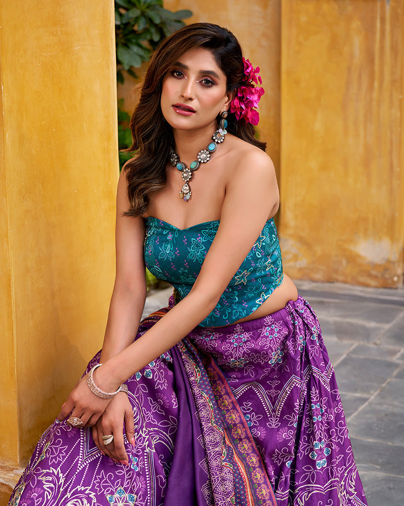Purple Color Vichitra Silk Printed And Embroidered Lehenga Choli