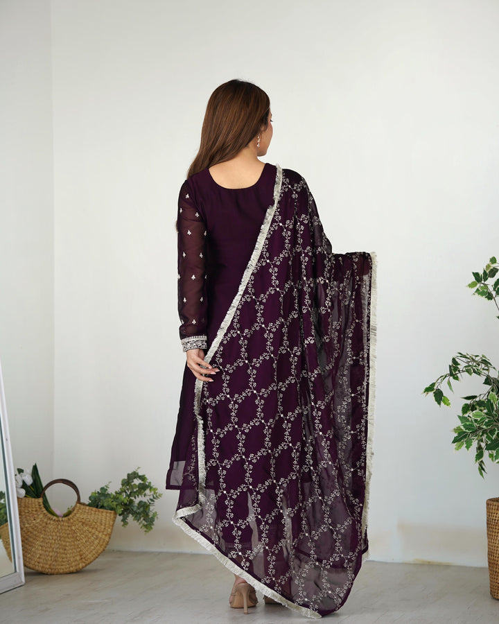 Wine Color Blooming Rangoli Silk Three Piece Salwar Suit