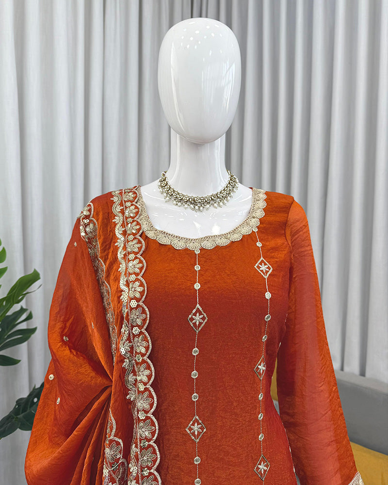 Rust Orange Color Fendi Silk Three Piece Kurti Suit