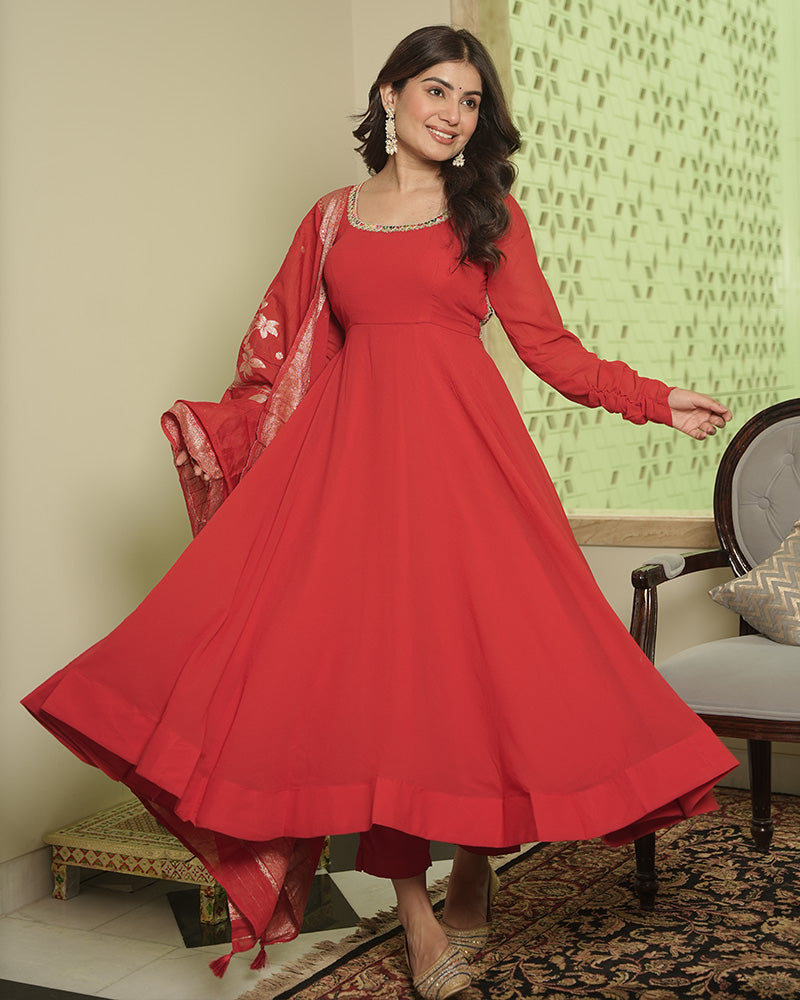 Red Color Georgette Anarkali Suit With Dyable Dupatta
