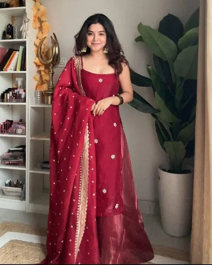 Maroon Color Soft Organza Plazzo Suit