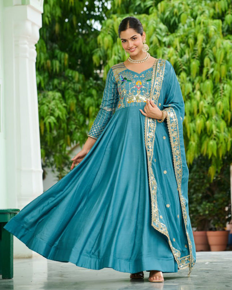 Teal Blue Color Vichitra Silk Sequence Embroidered Gown