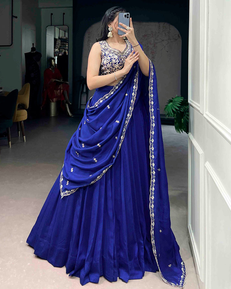 Royal Blue Color P.C. Kashmiri Embroidered Lehenga Choli