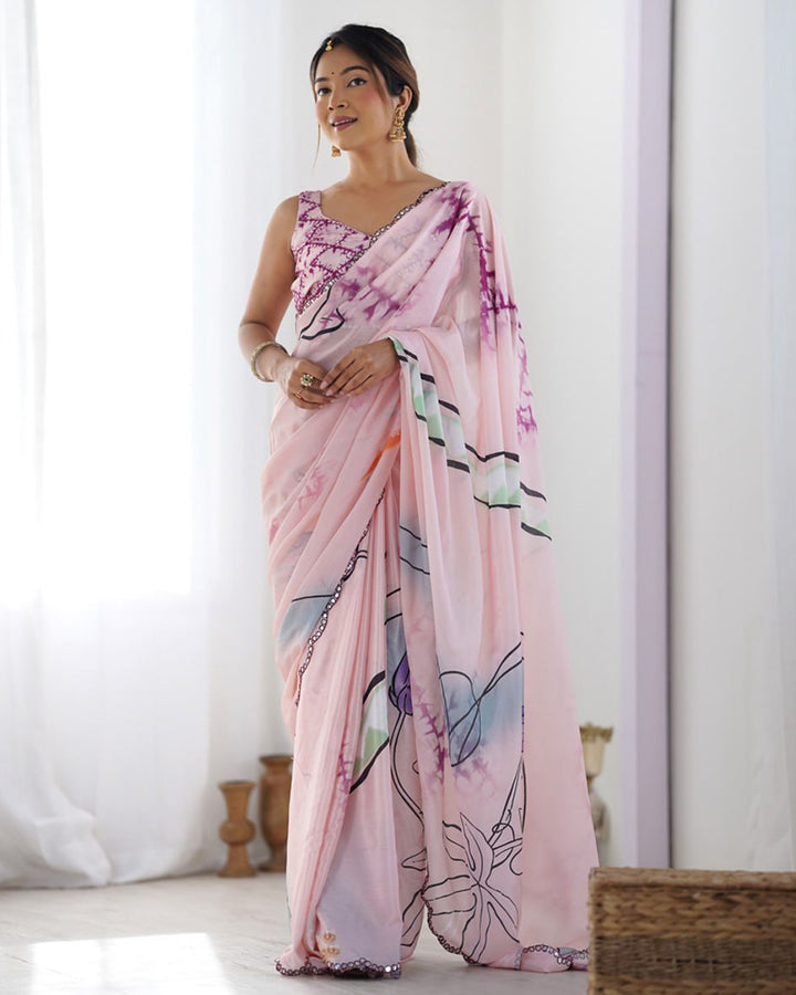 Baby Pink Color Chinnon Silk Printed Saree