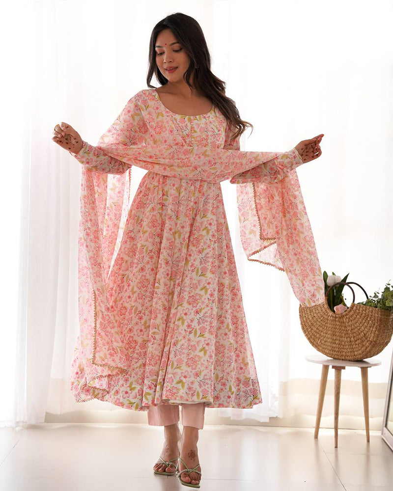 Multi Pink Color Floral Printed Chiffon Three Piece Anarkali Suit