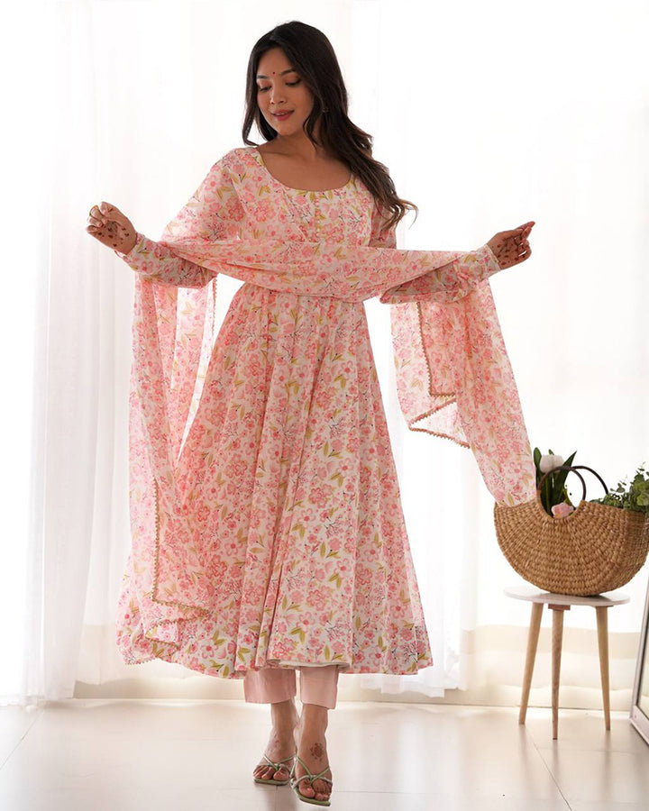 Multi Pink Color Floral Printed Chiffon Three Piece Anarkali Suit