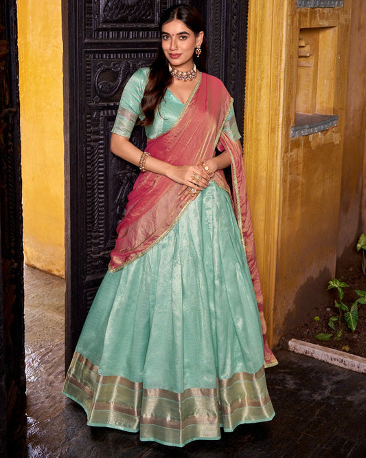 Sky Blue Color Dupion Silk Zari Weaving Half Saree