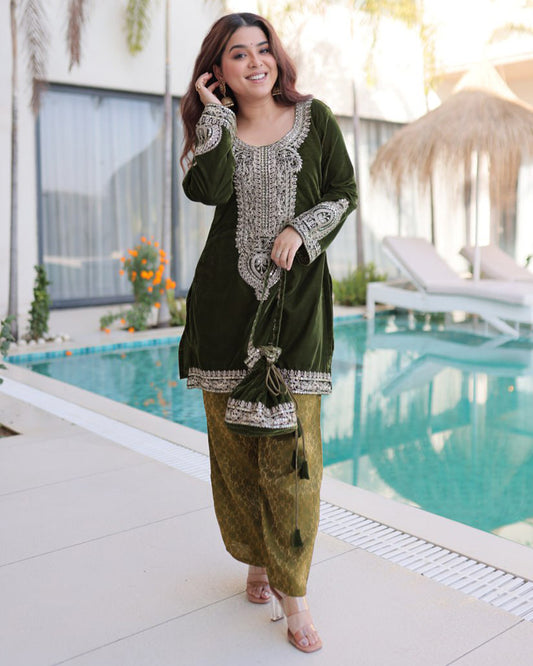 Mehndi Color Velvet Embroidered Kurti Suit