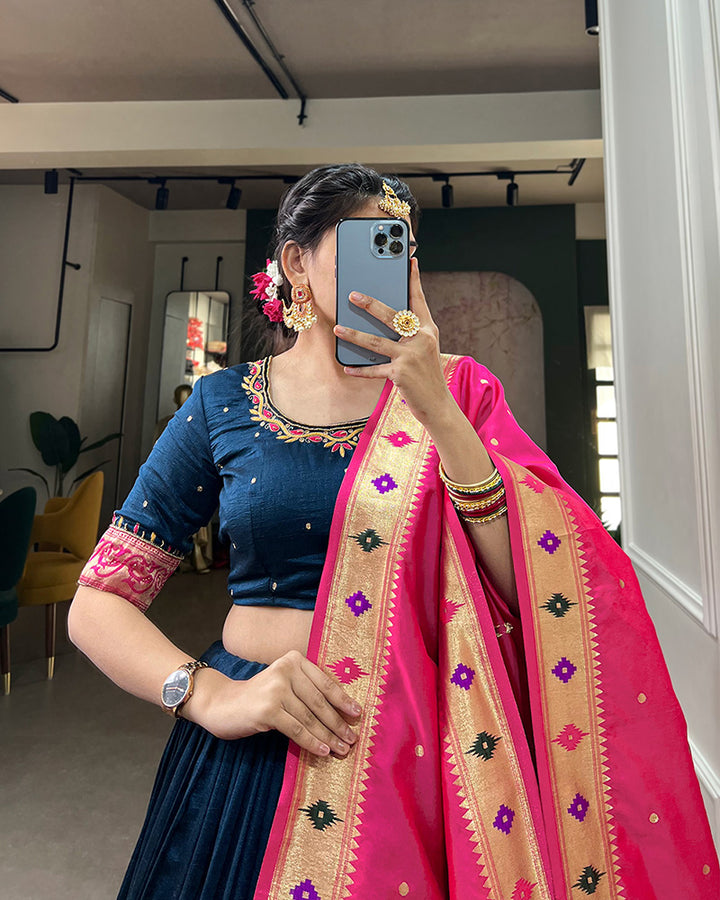 Navy Blue Color Vichitra Silk Paithani Lehenga Choli