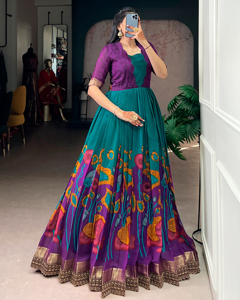 Teal Green Color Viscose Chanderi Floral Printed Gown