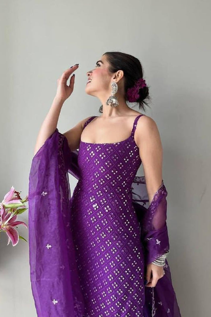 Purple Sequence Work Three Piece Sharara Suit