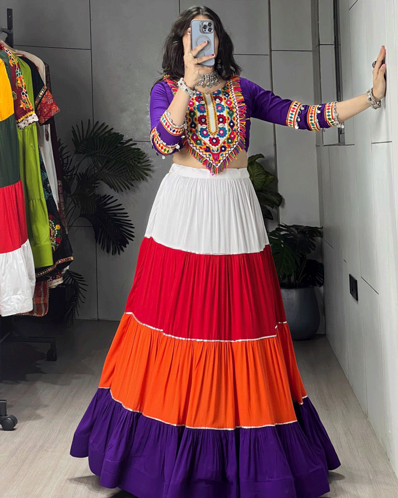 Vibrant Purple Multicolor Mirror Work Navratri Lehenga Choli