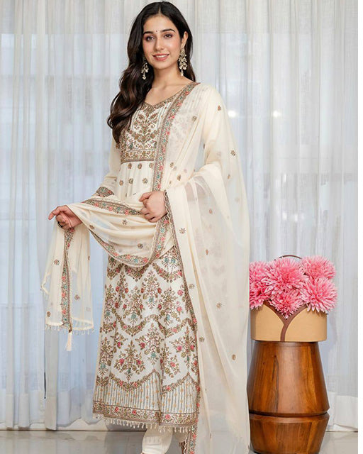 Off White Color Faux Georgette  Sequence & Zari Thread Embroidered Anarkali Suit