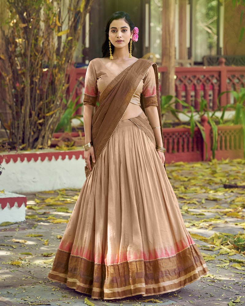 Cream Color Poly Dyeable Zari Weaving  Half Saree