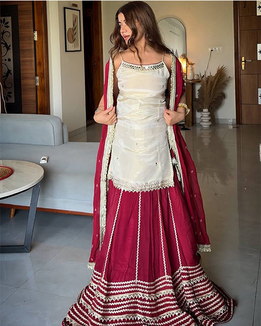 White Color Vichitra Silk Sequence And Embroidered Gharara Suit