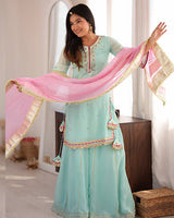 Sky Color Faux Blooming Embroidered Sharara Suit