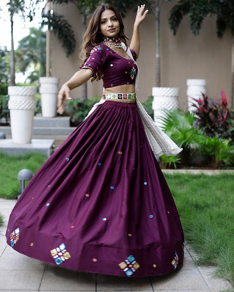 Wine Original Mirror Handwork Cotton Lehenga Choli