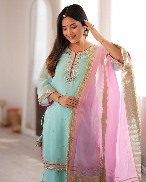 Sky Color Faux Blooming Embroidered Sharara Suit