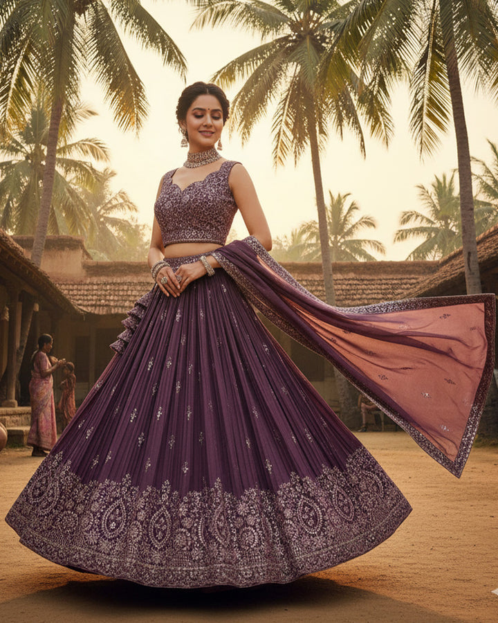 Wedding Wear Rose Brown Color Georgette Embroidered Lehenga Choli