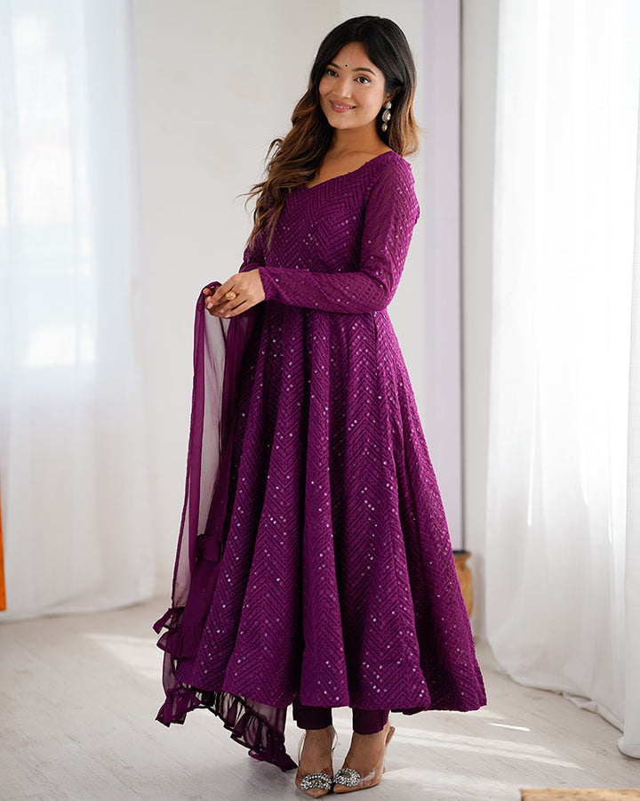 Wine Color Soft Georgette Embroidered Lucknowi Anarkali Suit