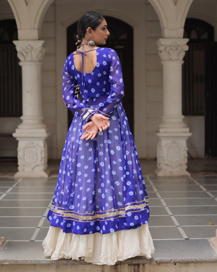Blue Bandhani Print Gamthi Jacket Choli With Off-White Flared Lehenga