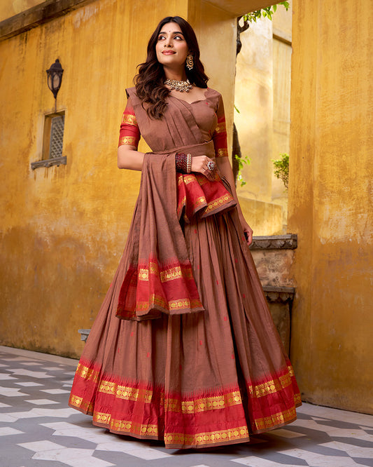Traditional Brown Color Chanderi Half Saree With Zari Detailing