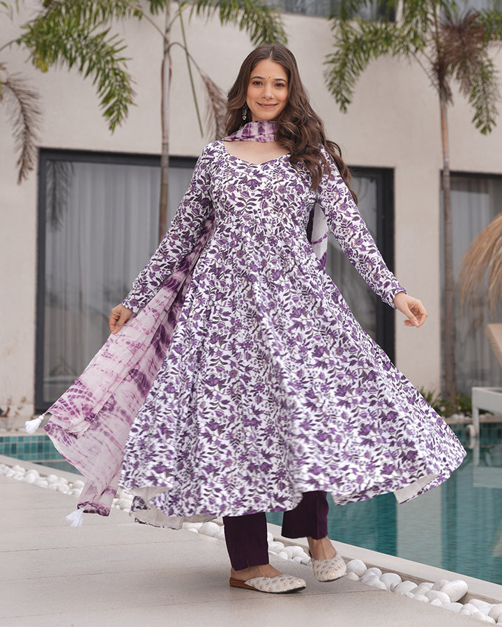 Designer White And Purple Color Cotton Printed Anarkali Suit