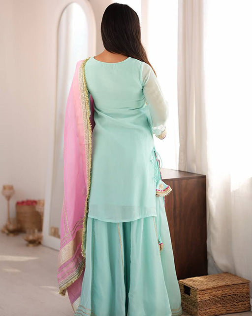 Sky Color Faux Blooming Embroidered Sharara Suit