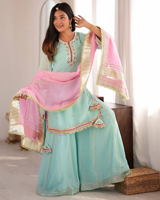 Sky Color Faux Blooming Embroidered Sharara Suit