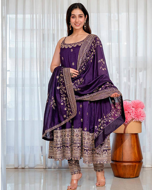 Purple Color Vichitra Silk Embroidered Anarkali Suit