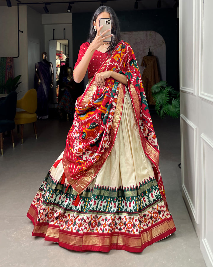 White Amazing Patola Printed Tussar Silk  Lehenga Choli