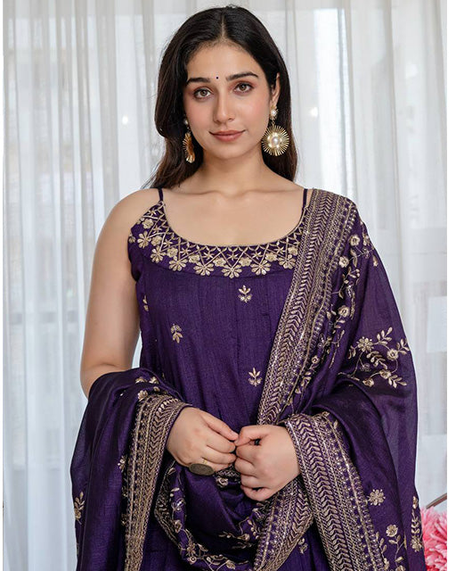Purple Color Vichitra Silk Embroidered Anarkali Suit