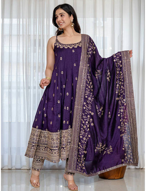 Purple Color Vichitra Silk Embroidered Anarkali Suit