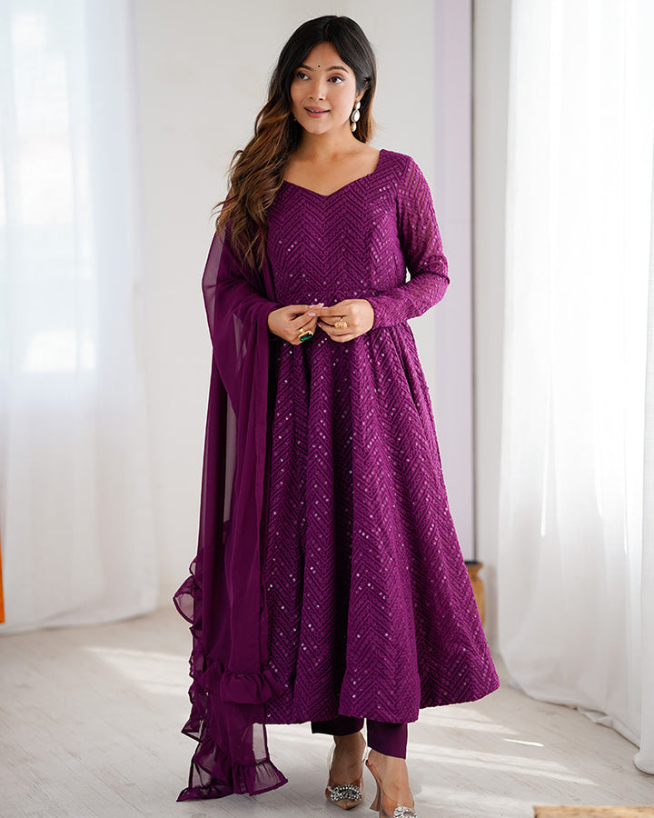 Wine Color Soft Georgette Embroidered Lucknowi Anarkali Suit