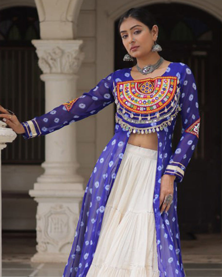 Blue Bandhani Print Gamthi Jacket Choli With Off-White Flared Lehenga